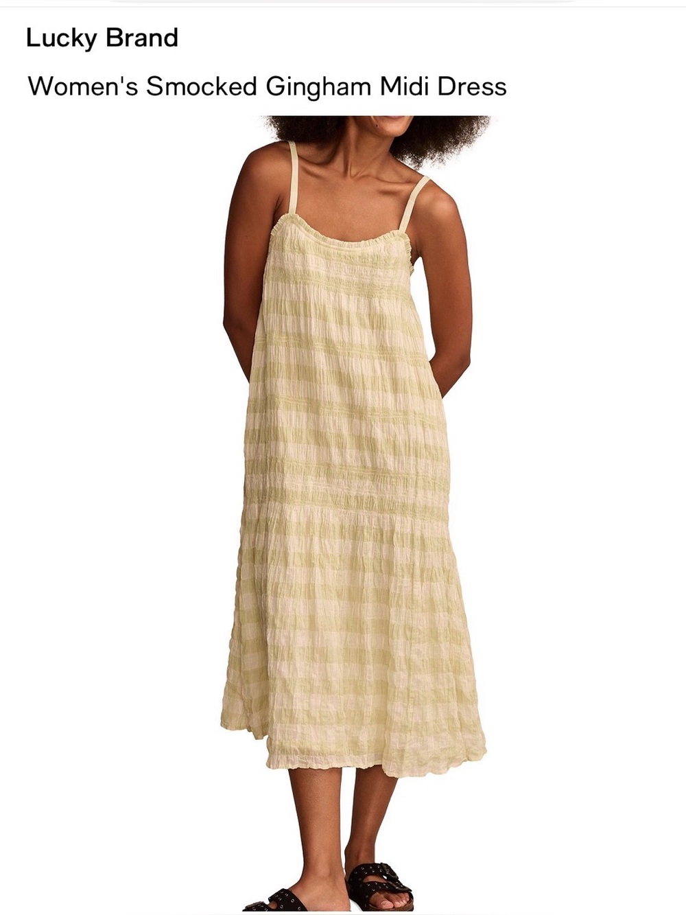 Lucky Brand Smocked Gingham Midi Dress Sage Green size Medium